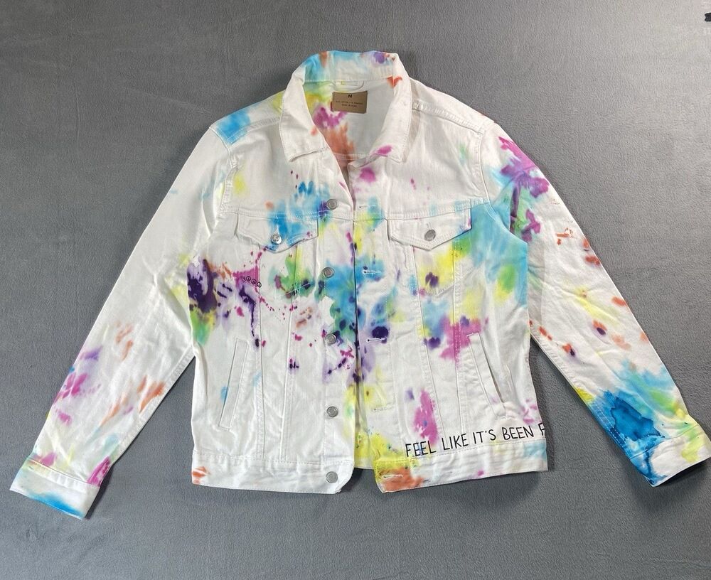 Wren + Glory Hand Painted White Denim Jacket M NWT Colorful Splatter Art
